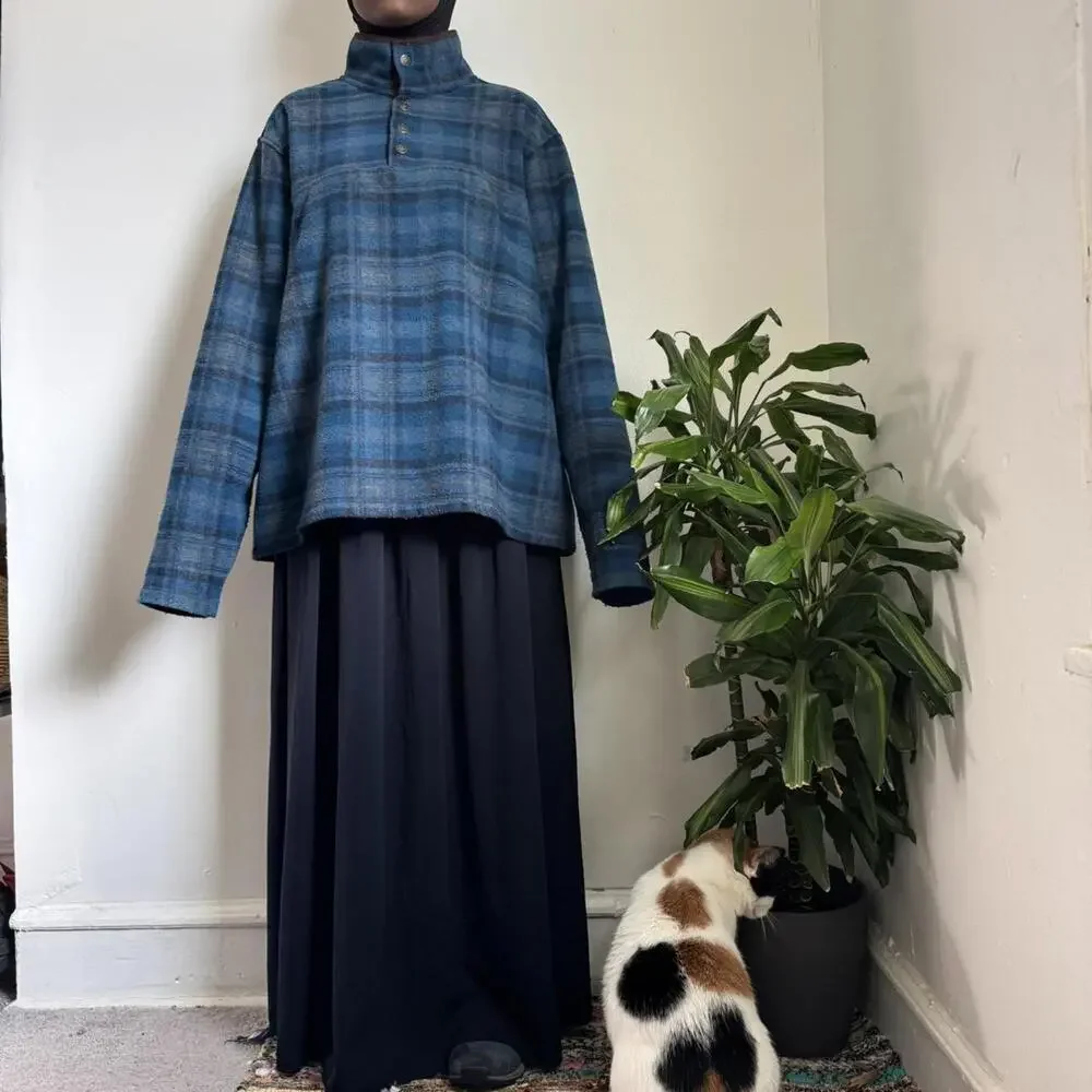 Vintage unisex John Wayne quarter-snap Blue‎ Plaid Fleece Pullover size 2XL